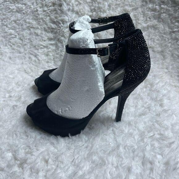 Steve Madden Black satin  With Sparkle Stones ankle strap platform heels SZ8.5 - Picture 1 of 9